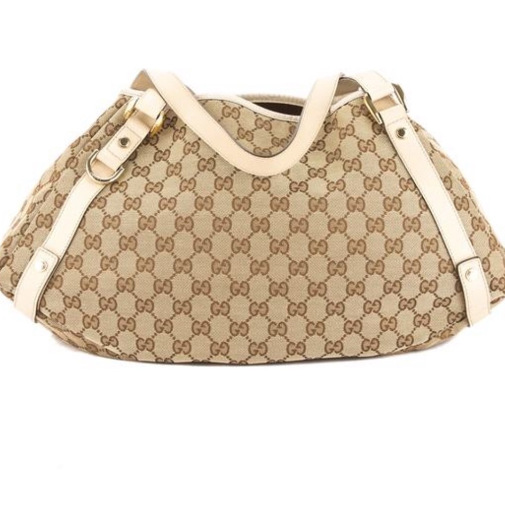 Gucci Ivory Leather GG Supreme Canvas Tote